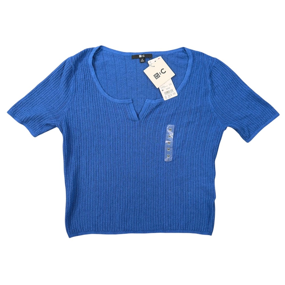 Uniqlo Women Blue Ribbed Notch Neck Short Sleeve Sweater Top Size M
